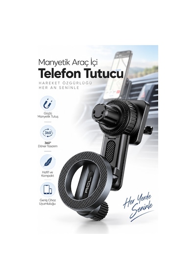 Acl T-116 Magsafe Manyetik Araç İçi Telefon Tutucu 360 Ayarlanabilir Kancalı Havalandırma Telefon Siyah
