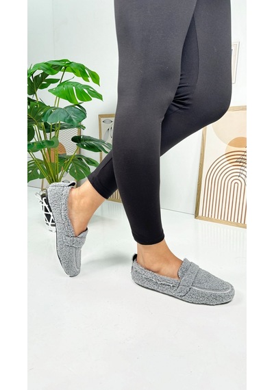 Günlük Kadın Loafer Peluş Astarlı Oval Burunlu Alçak Desenli Tabanlı Ayakkabı 375 Gri