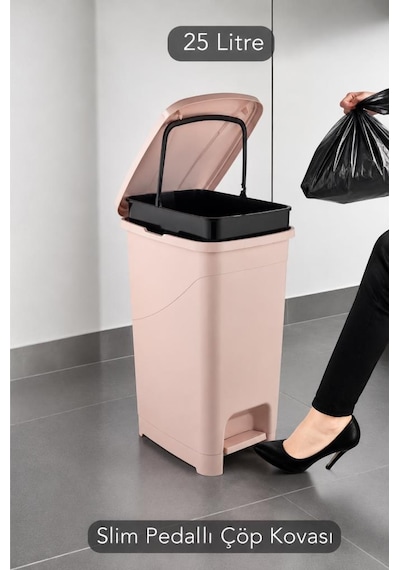 Omnipazar Srl-3029 Slim Pedallı Plastik Çöp Kovası İç Kovalı 25 Litre Pembe