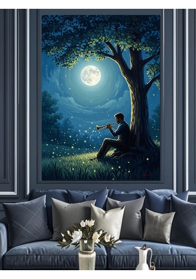 Ahşap Tablo Gece Yıldızlar Altında Trompet Çalan İnsan Figürlü Tablolar