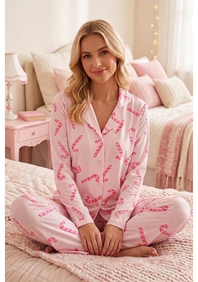 Baston Şeker Desenli Uzun Kollu Pijama Takımı 4601 -pembe