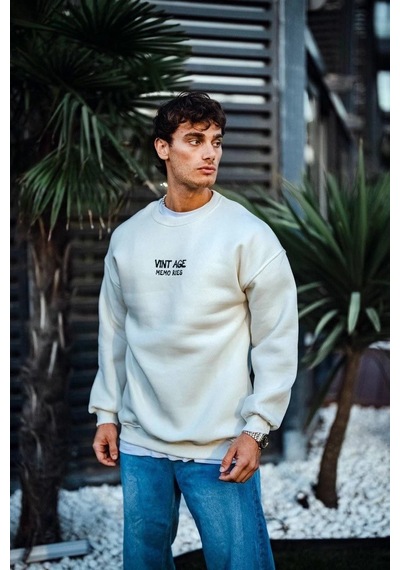 Barlashive Erkek Bisiklet Yaka 3 İplik Pamuklu Baskılı Sweatshirt - Beyaz Çok Renkli