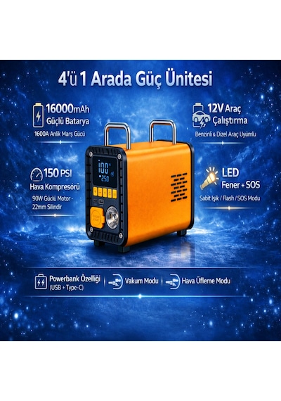 12v 1600a Akü Takviye Cihazı 150 Psı Dijital Kompresörlü Taşınabilir Güç İstasyonu