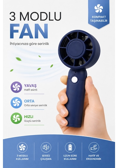 Turbo 3 Mod Şarjlı El Fanı 3 Kademe Seyahat Masaüstü Vantilatör Taşınabilir Mini Fan Mavi F130