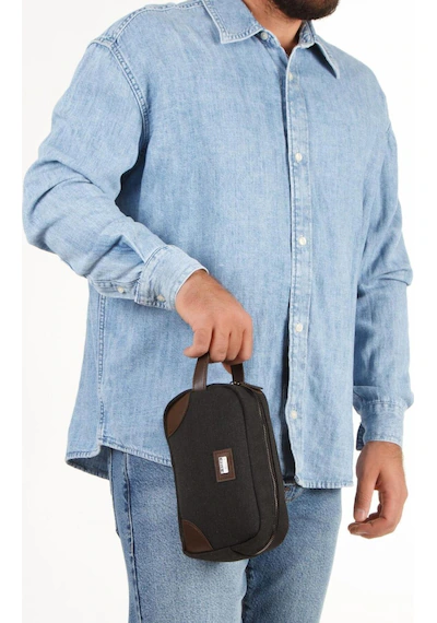Newish Polo Newishpolo Erkek Siyah Kanvas Kumaş Kahverengi Deri Ayrıntılı Traş Kozmetik Seyahat Ve Bakım El Çantası...