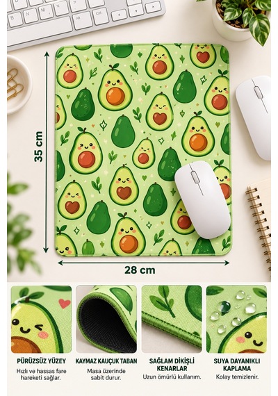 Avokado Tasarımlı Mousepad 28x35 Cm Kaymaz Tabanlı Dikişli Kenar Ofis Ve Masaüstü