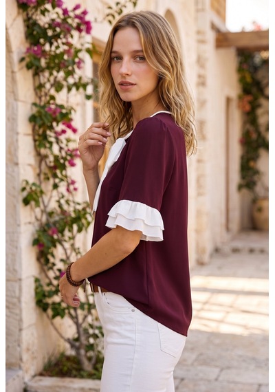 Soulshae Kadın Fırfırlı Kısa Kollu Krep Bluz Bordo