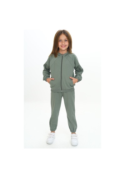 Toontoy Kids Kız Çocuk 2'li Takım Kapüşonlu Cepli Reglan Kol Sweatshirt & Beli Paçası Lastikli Cepli Jogger Eşofman Altı - 2 İplik Yeşil