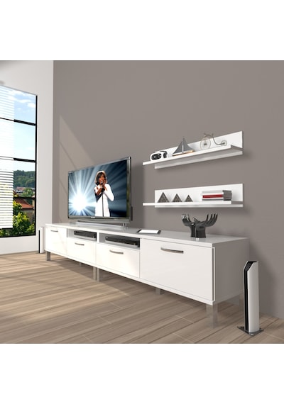 Decoraktiv Eko 200r Mdf Krom Ayaklı Tv Ünitesi Tv Sehpası Parlak Beyaz