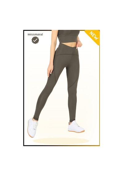 Missmaral Slim Fit Yüksek Bel Toparlayıcı Haki / Khaki Spor Tayt Flatlock Dikiş Detaylı Fit Tasarım Oslo 1090 Haki