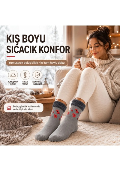 Genel 6 Lı Kadın Kışlık Havlu Çorap Sıcak Tutan Karışık Desenli Yumuşak Çoklu Çorap Gri / 36-40 / 6 Adet