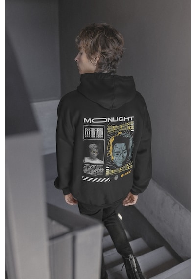 Nevermind Unisex Moonlight Baskılı Oversize Baskılı Kapşonlu Sweatshirt 3 I Siyah