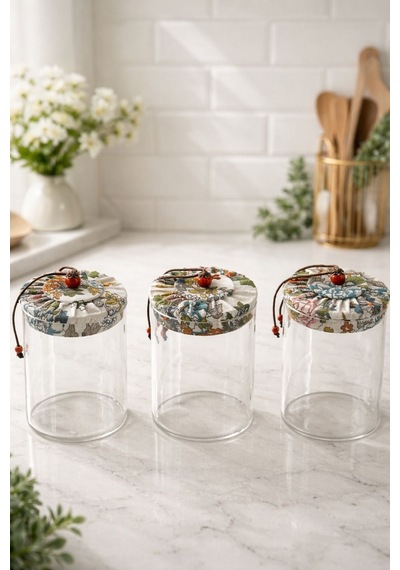 Qerhome 3'lü Borosilikat Cam Etnik Desenli Kumaaş Kapaklı Kavanoz Seti 500 Ml Şeffaf