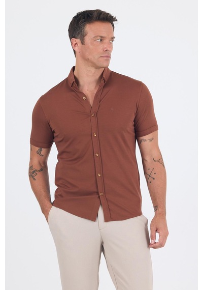 İmza Kiremit İtalyan Düğmeli Yaka Kısa Kol Cepsiz Slim Fit Gömlek 1004250255 Kiremit