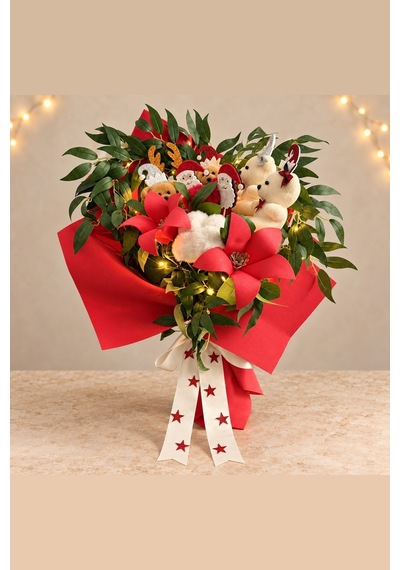 Noël Lumière Işıklı Yılbaşı Buketi Peluş Ayıcıklı - El Yapımı Yapay Çiçek Kırmızı