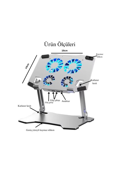 X16 Alüminyum Katlanabilir Laptop Soğutucu Stand 4 Fanlı Led Işıklı Ergonomik Tasarım Soğutucu Stand Gri - 789086616