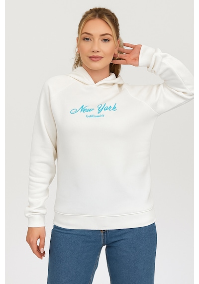 Kadın Kapşonlu Nakışlı Beyaz Sweatshirt Ekru