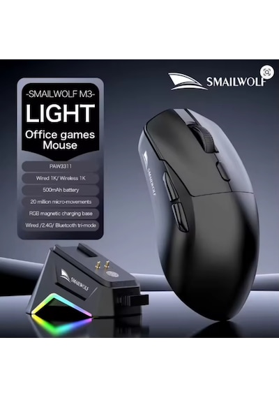 Smailwolf M3 Pro Plus Kablosuz Oyuncu Mouse Paw3311 Sensör - 3 Modlu 12000 Dpı Manyetik Şarj Standlı Rgb 65g Ultra Hafif Fare 1000hz 1k Hız