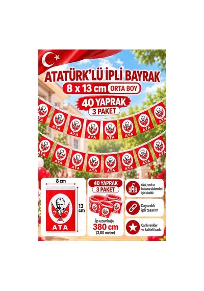 İpli Atatürk Bayrak Orta Boy 40'lı 8x13cm 3 Paket Atalı Bayrak Kağıt İpli Sıralı Ayyıldız Bayrak Sınıf Süsü Okul Bayram 1