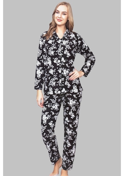 Işılay | Kadın Interlok Siyah Uzun Kollu Kışlık Pijama Takımı Siyah