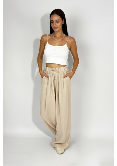 Kadın Dokuma Modal Beli Lastikli Geniş Paça Cepli İpli Palazzo Pantolon Vizon