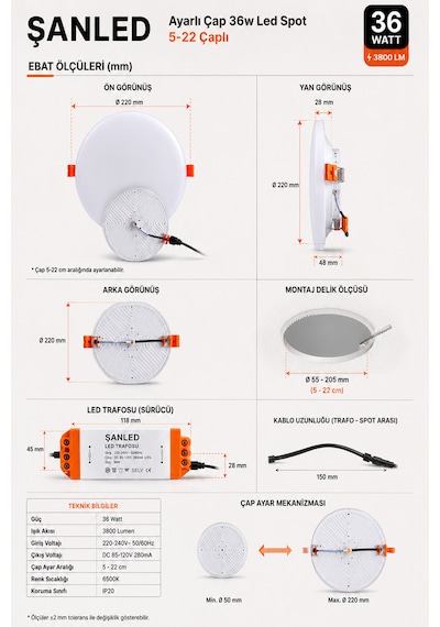 36w Ayarlı Çap Tasarruflu Led Yuvarlak Beyaz Işık Sıva Altı Slim Spot Aydınlatma Armatürü-10 Adet