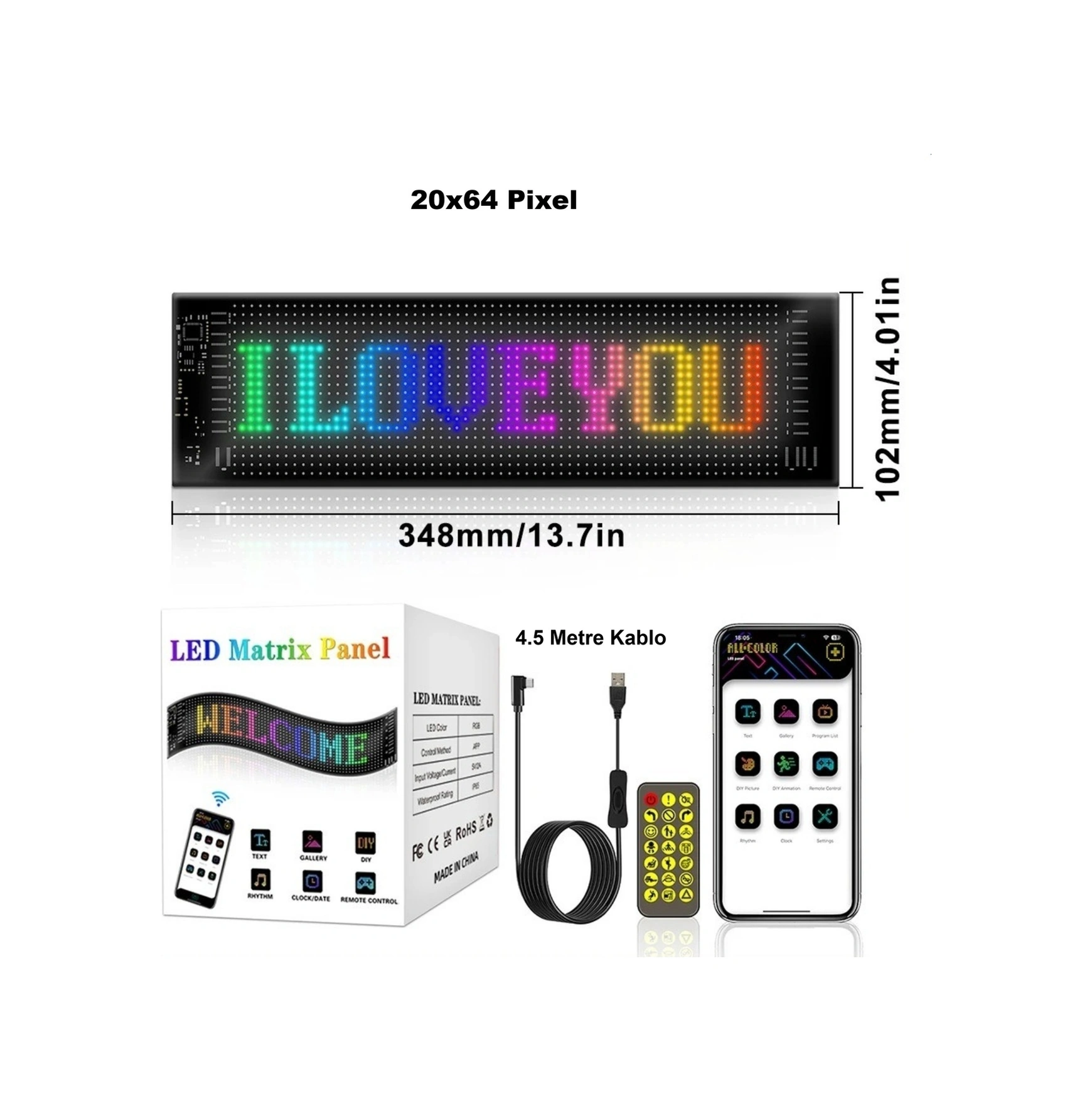 Hymark 35x10cm Programlanabilir Led Matrix Kayan Yazı 20x64 Pixel Emoji Tabela Araba Bluetooth App Kontrol
