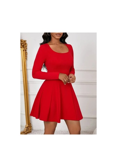 Butik İstanbul Kadın Uzun Kollu Kare Yakalı Mini Ithal Krep Elbise Kırmızı