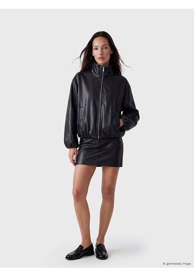 Lcwaıkıkı Classic Siyah Oversize Kadın Bomber Deri Görünümlü Ceket