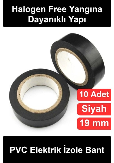 İzolebant Siyah Elektrik İzole Bant 10'lu Paket 19mm 10yard 0.13mm Pvc Halogen Free Yangına Dayanık