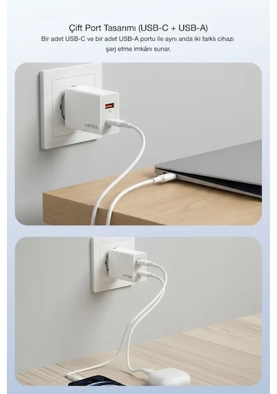 50w Pd Çift Çıkışlı Hızlı Şarj Başlığı Usb-c + Usb-a, Akıllı Güvenlik Çipli 1 Adet