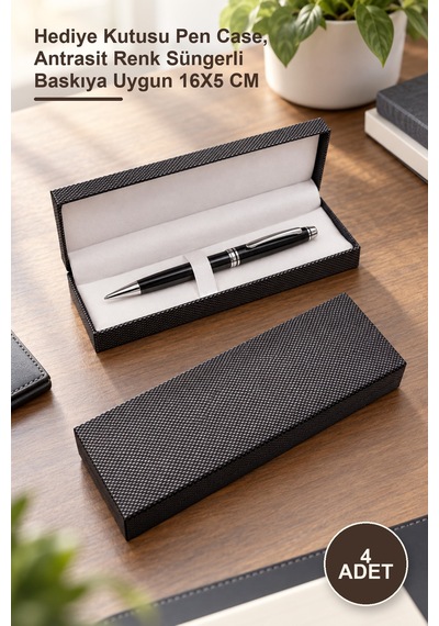 4 Adet Promosyon Kalem Kutusu Hediye Kutusu Pen Case, Antrasit Renk Süngerli Baskıya Uygun 16x5 Cm Diğer