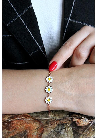 Gümüş Üçlü Rose Papatya Dizisi Bileklik -  B076401