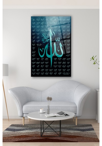 Allah'ın 99 İsmi Esmaül Hüsna Dini Dikey Cam Tablo Evlika Ev Ofis Salon Duvar Dekoru Hediyelik Büyük Tablo