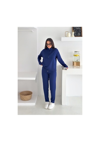Gugus Kadın Yarım Fermuarlı Model Beli Lastikli Dar Paça Eşofman Takımı Lacivert