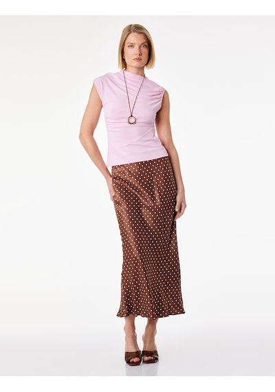 Koton Slim Fit Puantiye Desenli Midi Saten Etek Kahverengi Desenli 6sak70100ew