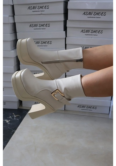 Asmi Shoes Kadın Dona Krem Tokalı 12 Cm Platform Topuklu Bot 2030