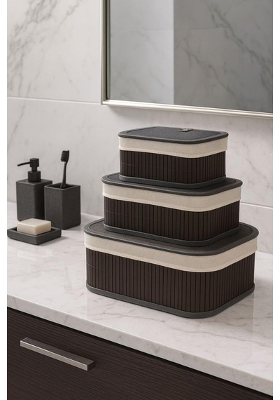 3 Lü Kapaklı Bambu Depolama & Organizer Sepeti 36x26x17 Cm Çok Renkli