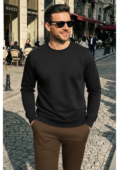 Goffra Erkek Focus Esnek Kumaş Yumuşak Dokulu Günlük Sweatshirt Siyah M401-r0342-06