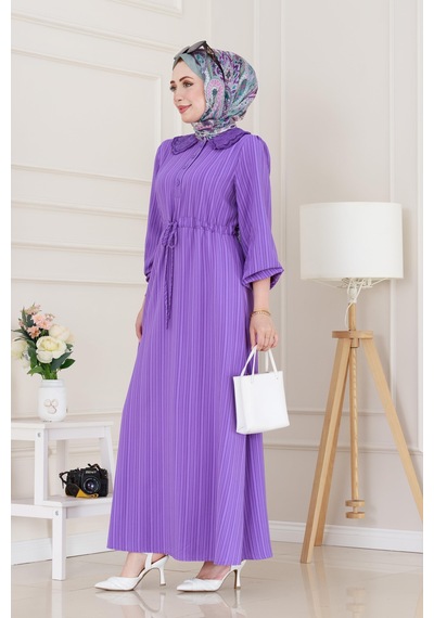 Sevitli Yakası Güpür Nova Elbise-lila-5031 Lila