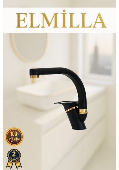 Siyah Gold Banyo Lavabo Musluğu Bataryası Çeşmesi Balık Sırtı Borulu Lüx Tasarım Çif Su Giriş