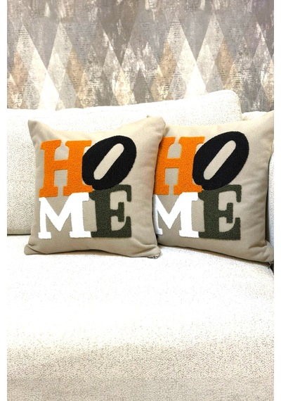 2 Li Dekoratif Pamuklu Kırlent Kılıfı Home Yazılı Punch Modern Bohem Etnik Salon Çift Katlı Kumaş Bej Bej