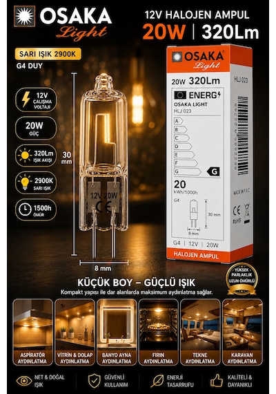 1 Adet Osaka 12volt 20w Sarı Işık G4 Duylu Dim Edilebilir Halojen Kapsül Ampul