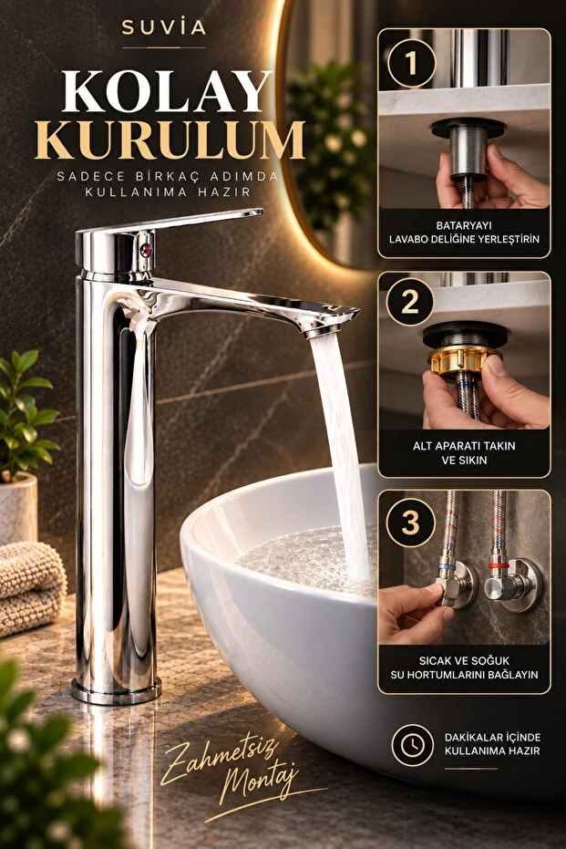 Lavabo Bataryası Yüksek Gövde Krom Çanak Lavabo Musluğu Sıcak Soğuk Su Bataryası