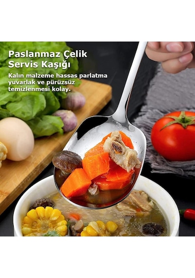 Premium 6'lı Paslanmaz Çelik Lüks Servis Kaşığı Seti Büyük Boy Şıklık Çok Renkli