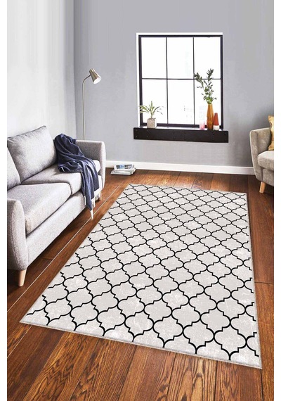 Siyah Fas Desen Kaymaz Taban Makinede Yıkanabilir Halı Fs02