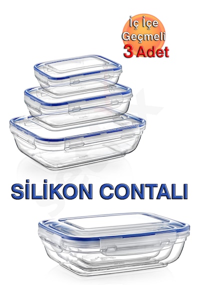 Sızdırmaz Silikon Contalı, Hava Almayan Kilitli Kapaklı, 3 Boy Saklama Kabı Seti (310,565,975 ml)