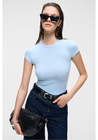 Grimelange HOPEWELL Kadın Yuvarlak Yaka Örme Slim Fit Mavi T-Shirt