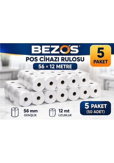 Termal Pos Cihazı Rulosu 56 Mm X 12 M - 50 Adet 5 Paket Yazar Kasa Slip Rulosu