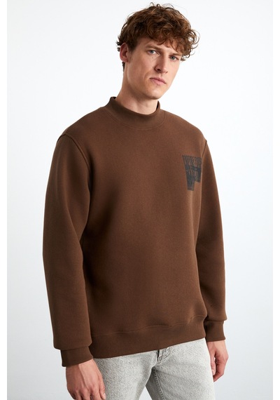 Grımelange Chasey Erkek Organik Pamuklu Dik Yaka Içi Polarlı Baskılı Acı Kahve Sweatshirt